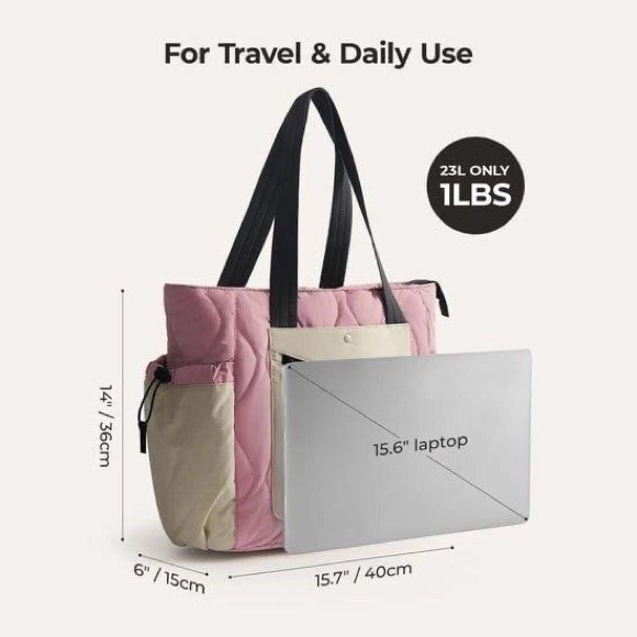 BRAND NEW Bagsmart Zora Puffy Tote (20L) – Laptop/Travel/Gym – Rose Pink & Beige - Picture 4 of 8